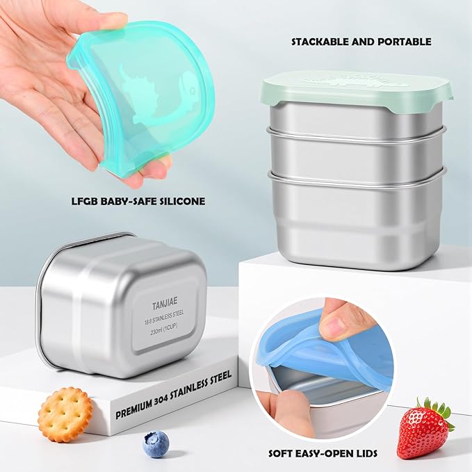 Tanjiae 3×8oz Small Stainless Steel Snack Containers for Kids and Toddlers - 230mL Leakproof Food Containers with Cute Dino Lids | LFGB Certified, Stackable Metal Snack Box for School, Daycare, Travel