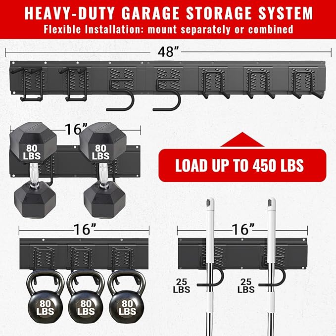 Garage Tool Organizer Wall Mount, Easy to 48inch Install Heavy-Duty Garage Storage System with Adjustable 7 Hooks, Garden Tool Rack for Shovels, Rakes, Yard Tools