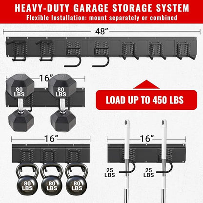 Garage Tool Organizer Wall Mount, Easy to 48inch Install Heavy-Duty Garage Storage System with Adjustable 7 Hooks, Garden Tool Rack for Shovels, Rakes, Yard Tools