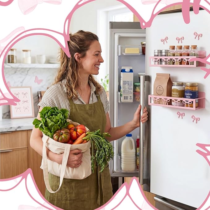 Beeveer 2 Pack Classic Bow Magnetic Spice Rack for Refrigerator Metal Magnet Basket Shelf for Fridge Seasoning Storage Organizers Home Decor Kitchen Accessories (Pink)