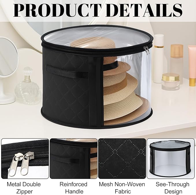 AceOrbit 2 Pcs Oversized Clear Hat Storage Box for Women 16.5 x 10.4 Inch Cowboy Hat Storage Box with Lid Hats Bags for Travel Holds up to 7 Caps (Black,Classic Style)
