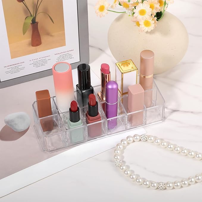 4 PCS Acrylic Lipstick Organizer, Lipstick Holder, 12-Slot Lip Gloss Holder, Beauty Makeup Storage Display Cosmetic Organizer