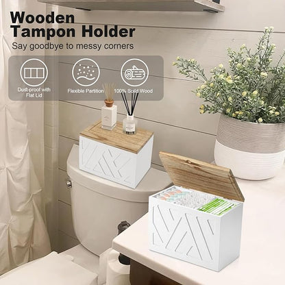 2Pcs Tampon Holder for Bathroom Decor, Feminine Product Organizer, Shark Week Tampon Storage with Lid, Wood Pad Box for Toilet, Lady Girl Stuff Organizer Case Bathroom Accessories- White
