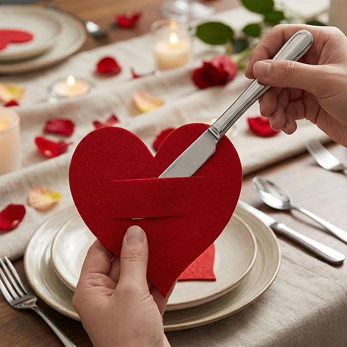 Threetols 6Pcs Valentine's Day Tableware Utensil Holder Red Heart Shape Fork Cutter Bag, Red Love Theme Felt Flatware Bags Covers for Engagement Xmas Dinner Table Party Decor Supplies