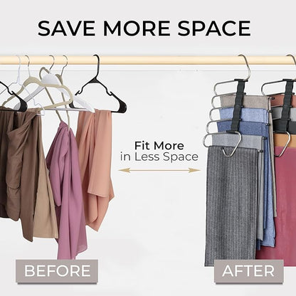 MORALVE Pants Hangers Space Saving - 4 Pack - Non-Slip Multi-Layer Space Saving Hangers - Multifunctional Clothing Rack for Closet Storage - Ideal for Jeans, Trousers, Skirts, Scarves & Slacks (Black)