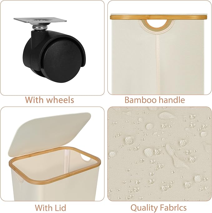 Laundry Basket with Wheels,100L Hampers for Laundry,Large Laundry Hamper with Lid and Bamboo Handles,Collapsible & Waterproof Tall Cloth Hamper for Dormitory Family，Beige