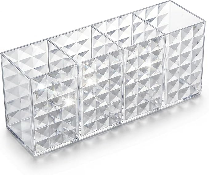 Acrylic Makeup Brush Organizer, 4 Compartment Cosmetic Brush Storage Holder, Desktop Vanity Makeup & Pen Holders