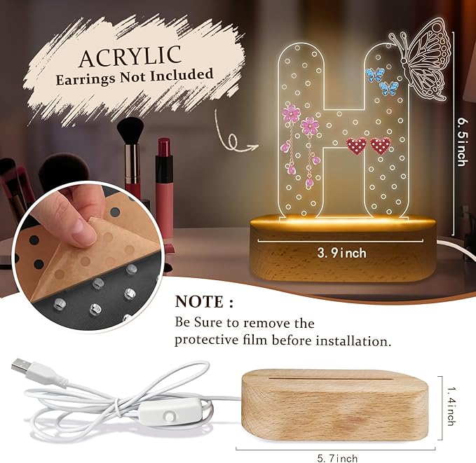 COSHAYSOO Earring Holder Organizer Initial Acrylic with Butterfly Decorations House Warming Gifts New Home Vanity Desk Dressing Table Jewelry Storage, LED Night Light Room Bedroom Decor Letter H