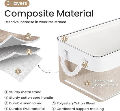 Storage Baskets for Shelves 13.8x9.8x6.7 Inch, Foldable Fabric Storage Bins with Handles, Small Storage Baskets for Organizing Closet, Office, Home Organization (3-Pack, White&Khaki)