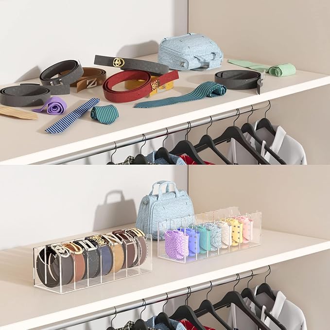 FEMELI Belt Organizer, Acrylic 7 Compartments Container Storage Holder, Clear Display Case for Closet Tie and Bow Tie