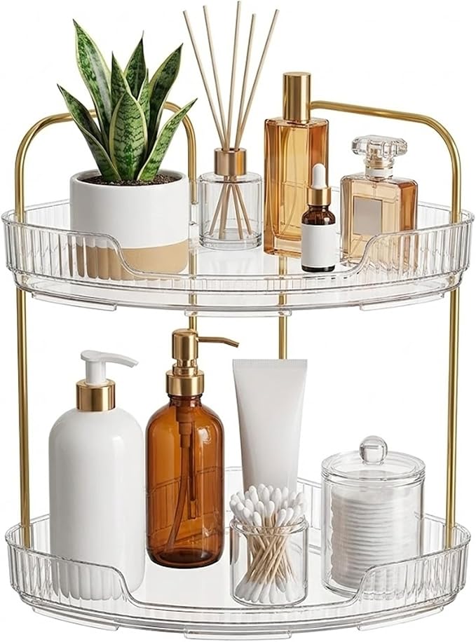 2-Tier Acrylic Corner Bathroom Organizer with Handle Round Skincare & Makeup Storage Tray, Waterproof, Lightweight, Heat Resistant Vanity Shelf for Countertop, Kitchen, Bedroom, Dresser