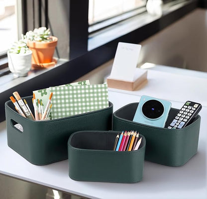 HofferRuffer Faux Leather Storage Baskets Bins with Velvet Lining for Organizing, Storage, Gifts, Set of 3 Nesting Shelf Baskets Decorative Storage Boxes for Home Organization (Green)