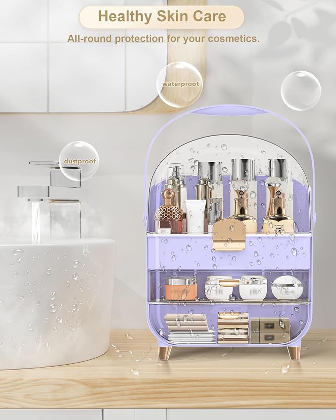 Makeup Organizer Countertop, Skincare Holder Bathroom Counter Organizer, Storage Box Cosmetic Display Cases, Teen Girl Gifts Make up Organizers for Vanity, Dresser (Purple)