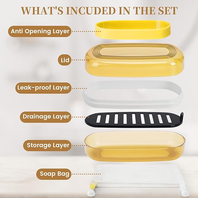 Shampoo Bar Holder and Soap Case, Leakproof Travel Container with Lid & Drain Tray, Includes Silicone Strap and Soap Bag, Compatible with Kitsch Solid Shampoo & Conditioner Bars(Lemon Yellow, Large)