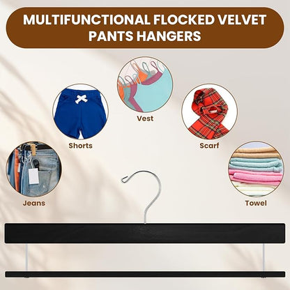 Chunful 10 Pack Wooden Velvet Pants Hangers - 16 Inch Non Slip Wood Pants Hangers with 360 Degree Swivel Hook Heavy Duty Space Saving for Jeans, Shorts & Dresses (Black)