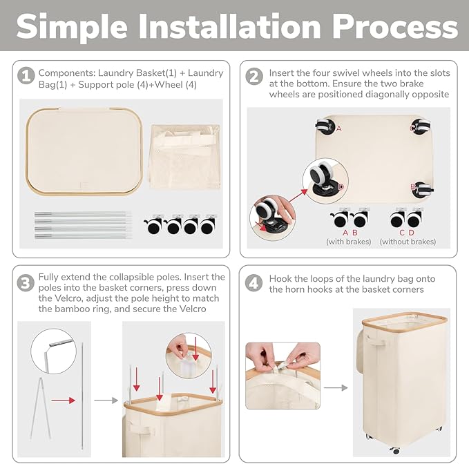 Goodpick Laundry Basket with Wheels, Large Laundry Hamper with Lid 100L Clothes Hamper with Removable Laundry Bag Collapsible Dirty Clothes Basket for Laundry Room, Bedroom, Beige