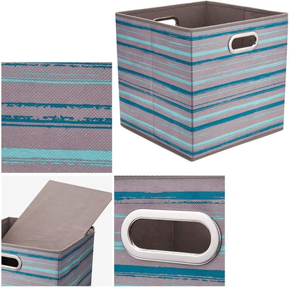 6 Cube Storage Bins Teal Stripes Gradient Lines 10.5x10.5x11 Inch Foldable Whale Coastal Print Fabric Half Storage Basketes for Home Organizers Storage Drawer,QY-SC12-6