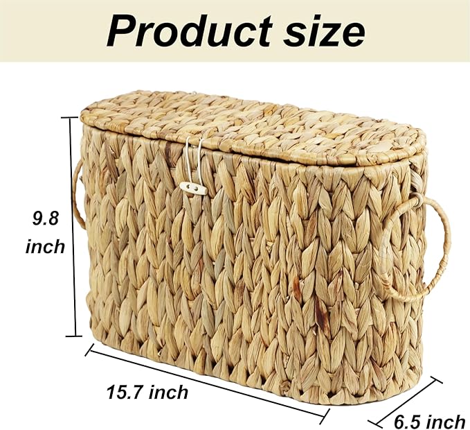 Toilet Paper Storage Basket with Lid, Water Hyacinth Slim Toilet Paper Holder - Holds Up to 6 Mega Rolls, Wicker Basket for Bathroom Accessories Decor Organizer