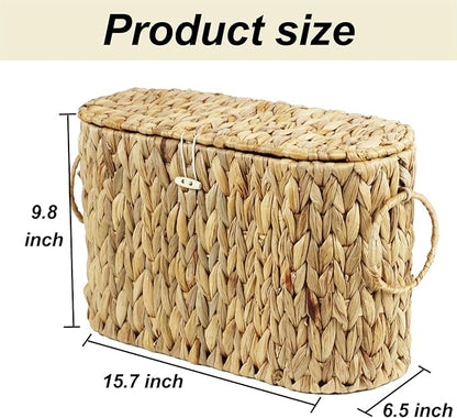 Toilet Paper Storage Basket with Lid, Water Hyacinth Slim Toilet Paper Holder - Holds Up to 6 Mega Rolls, Wicker Basket for Bathroom Accessories Decor Organizer