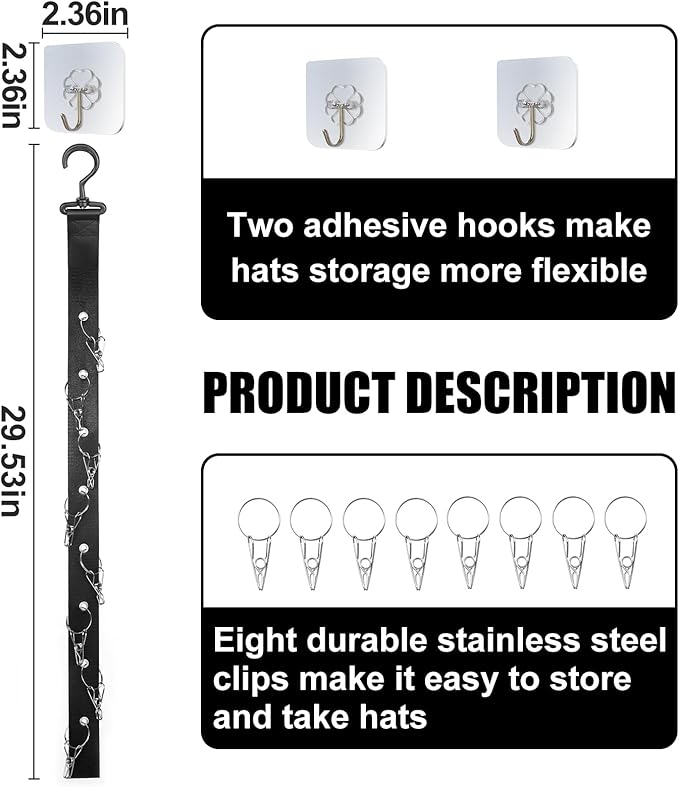 KJAHLAL Hat Organizer for Baseball Caps,2 Pack Caps Wall Organizer, Door Hat Racks with 8 Stainless Steel Clips, Hat Hangers for Ball Caps and Accessories for Men and Women, Black