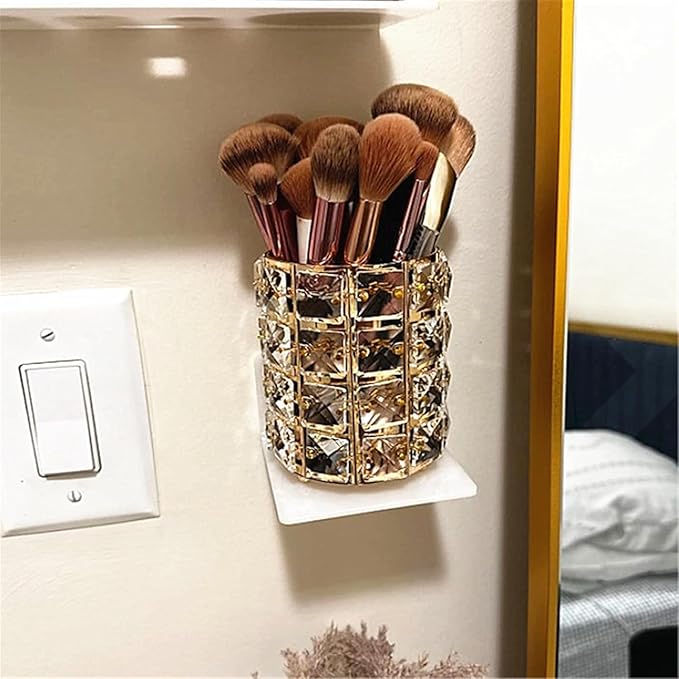 LUGUNU Makeup Brush Holder Organizer Crystal Vanity Decor Bling Personalized Comb Brushes Pen Storage Box Container (Gold 1 Pack)