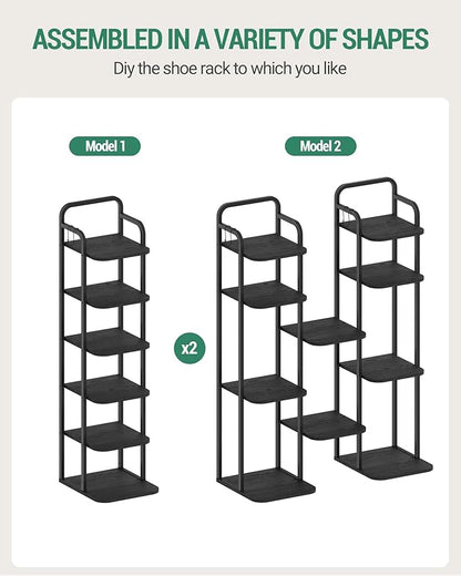 Hzuaneri Vertical Shoe Rack, Shoe Shelves, Wood Shoe Organizer for Closet, Entryway, Shoe Tower for Small Spaces, Free Standing, Adjustable, with 2 Hooks, 6 Tier Black SR04204B