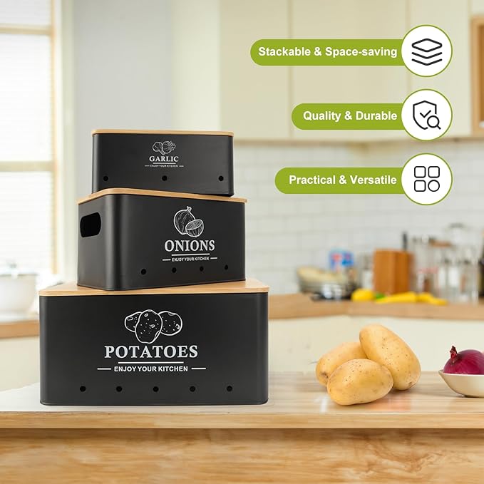 Kitchen Vegetable Storage Set of 3, Metal Onion Garlic Potato Storage Set, Kitchen Canisters Vegetable Keeper Containers with Aerating Holes and Wooden Lid (Black)