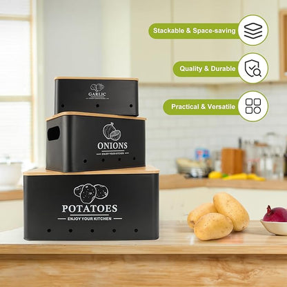 Kitchen Vegetable Storage Set of 3, Metal Onion Garlic Potato Storage Set, Kitchen Canisters Vegetable Keeper Containers with Aerating Holes and Wooden Lid (Black)