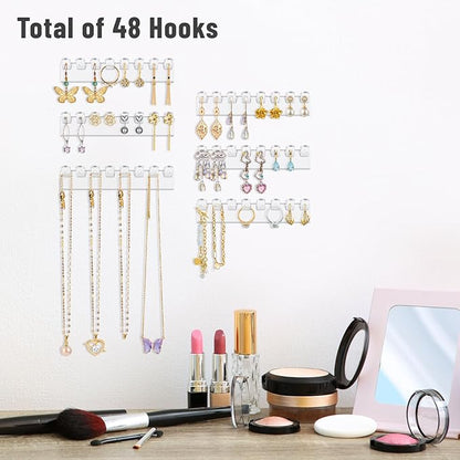 NiHome 6-Pack 48 Hooks Wall-Mounted Clear Plastic Jewelry Organizers for Earrings, Necklaces, Bracelets, Rings, Studs, No-Drill Adhesive Installation Racks for Closet, Bathroom, Bedroom, Mirror