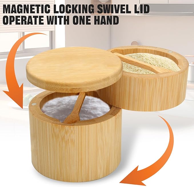 Salt Cellar - Salt Container Holder with Swivel Magnetic, 2 Tier Bamboo Kitchen Salt Cellar with Lid and Spoon Holder, Wood Bowl Box, Salt and Pepper Bowls with Swivel Lid to Storage, 10OZ