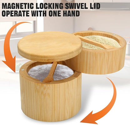 Salt Cellar - Salt Container Holder with Swivel Magnetic, 2 Tier Bamboo Kitchen Salt Cellar with Lid and Spoon Holder, Wood Bowl Box, Salt and Pepper Bowls with Swivel Lid to Storage, 10OZ