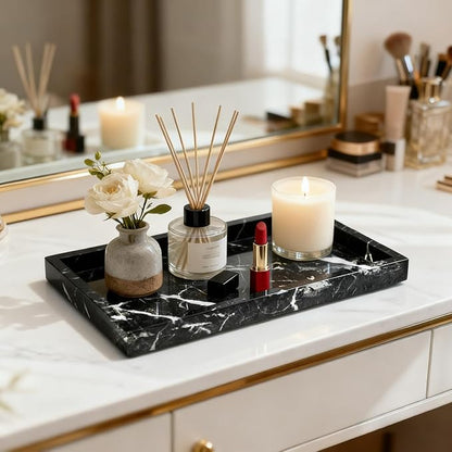 Pure Natural Marble Tray for Bathroom, Dresser, Sink. Cosmetics, toiletries, perfumes, Jewelry, Candles, etc. can be Placed (Black Onyx, 12" x 8" x 1.2")