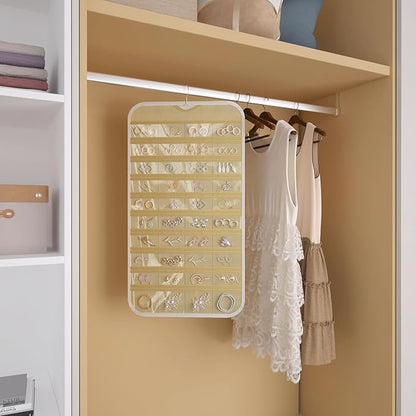 2 Pack Hanging Jewelry Organizer 80-Pocket Dual-sided Jewelry Storage for Earring Necklace Bracelet Ring Travel Holder, White and Beige