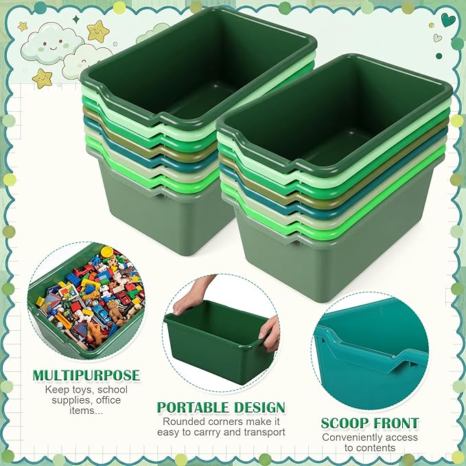 Dandat 16 Pcs Plastic Book Bins for Classroom Library Cubby Bins Scoop Front Stackable Toy Storage Tubs Containers for School Office Home Nursery Playroom Organization (Green Series)