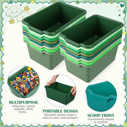 Dandat 16 Pcs Plastic Book Bins for Classroom Library Cubby Bins Scoop Front Stackable Toy Storage Tubs Containers for School Office Home Nursery Playroom Organization (Green Series)