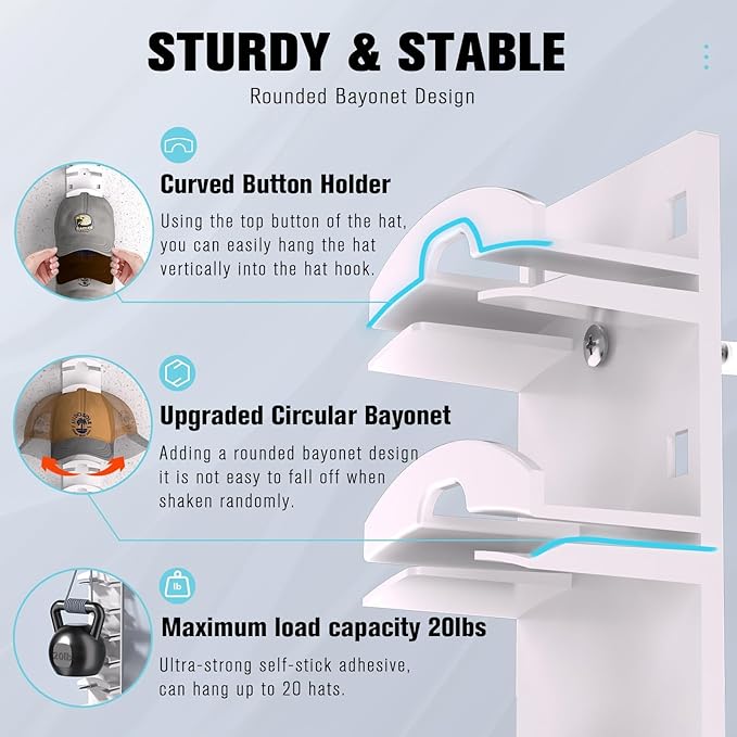 2 Pack Hat Organizer for Baseball Caps, Hat Rack for Wall with Strong Adhesive, Hold Up to 20 Hats, Hat Rack for Door Closet, Multi-Tier Hat Organizer, Two Mounting Options (White)