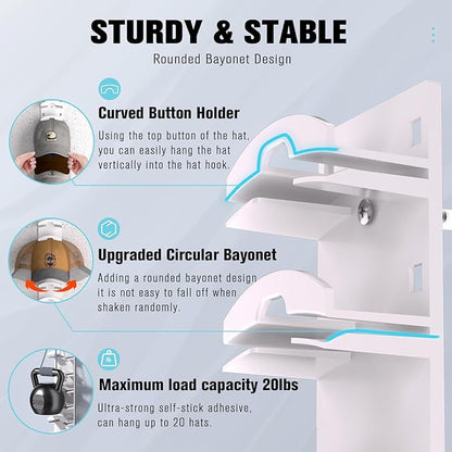 2 Pack Hat Organizer for Baseball Caps, Hat Rack for Wall with Strong Adhesive, Hold Up to 20 Hats, Hat Rack for Door Closet, Multi-Tier Hat Organizer, Two Mounting Options (White)