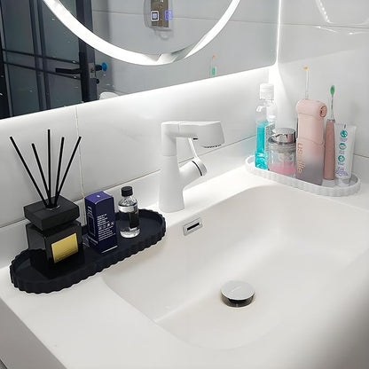 Black Oval Silicone Bathroom Vanity Tray - Decorative Soap Holder, Countertop Organizer for Kitchen/Bathroom/Coffee Table - Storage for Candle, Perfume, Jewelry Decor,Small Plant & Toiletries