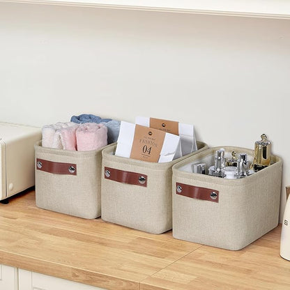 Small Fabric Storage Bins, 7.8x6.7x5.9 inch Mini Storage Cubes 4-Pack Storage Basket for Makeup Collapsible Fabric Storage Organizer with Handles, Decorative Basket for Desk, Shelves, Brown