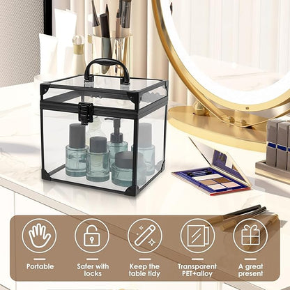 Crown Boxes for Pageants 7.9 X 6.7 X 7.5 In Clear Large capacity Makeup Train Case Cosmetic Case with Latches and Handle Toiletry Organizer Box Travel Makeup Tools Storage Organizer Box