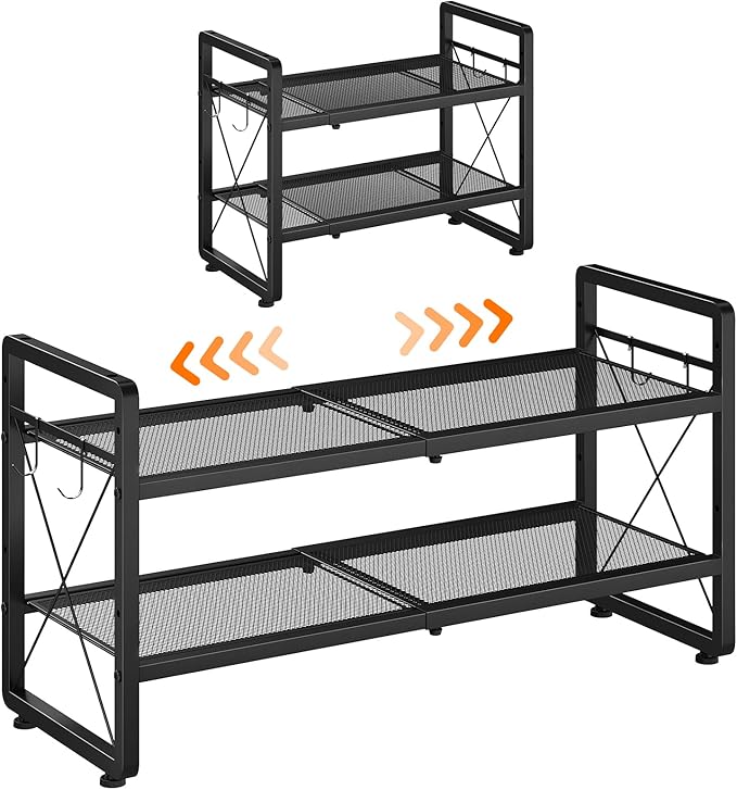 ELYKEN Shoe Rack, 2-Tier Expandable Shoe Organizer for Entryway, Metal Black Shoe Shelf with 4 Hooks, Ajustable Shoe Stand Holder for Closet, Garage, Door Entrance