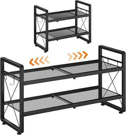 ELYKEN Shoe Rack, 2-Tier Expandable Shoe Organizer for Entryway, Metal Black Shoe Shelf with 4 Hooks, Ajustable Shoe Stand Holder for Closet, Garage, Door Entrance