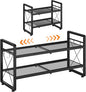 ELYKEN Shoe Rack, 2-Tier Expandable Shoe Organizer for Entryway, Metal Black Shoe Shelf with 4 Hooks, Ajustable Shoe Stand Holder for Closet, Garage, Door Entrance