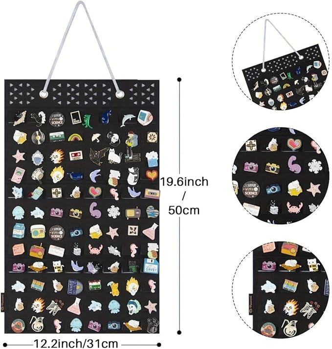 PACMAXI Hanging Brooch Pin Organizer, Display Pins Storage Case, Brooch Collection Storage Holder, Holds Up to 96 Pins.(Not Include Any Accessories) (Head Triangle Hole-Black, Small)