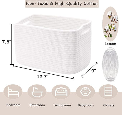 Set of 4 White Rope Basket for Shelves Woven Rectangle Storage Basket Bins for Nursery Toy Storage for Baby Girl 12.7" L x 9" W x 7.8" H