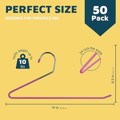 Lifemaster Metal Pants Hanger Set - 50 Pieces Elegant Non-Slip Closet Space Saving Hanger Set for Pants, Trouser, Blankets, and Jeans with Open Ended Sleek Design - Pink