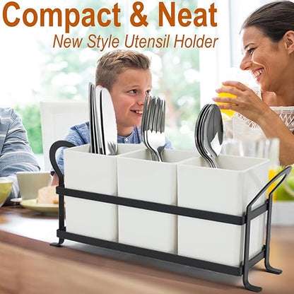 Czlizdyt Cutlery Holder with Drain Holes, Silverware Caddy for Party Countertop, 3pcs Bins Set Utensil Holders for Spoon and Fork, White