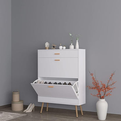 Narrow Shoe Storage Cabinet - Entryway Shoe Rack Cupboard Organizer for Home and Apartment, White