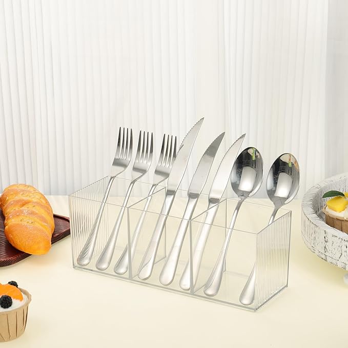 Cutlery Storage Organizer, Silverware Caddy with 3 Cavities Clear Silverware Holder Knife Fork and Spoon Organizer Tableware Storage Box for Kitchen Countertop Dining Room Home Office Desk Party Table