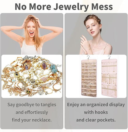 Hanging Jewelry Organizer Storage Roll with Hanger Metal Hooks Double-Sided Jewelry Holder for Earrings, Necklaces, Rings on Closet, Wall, Door,Large 14.17' x 33.07'',pink